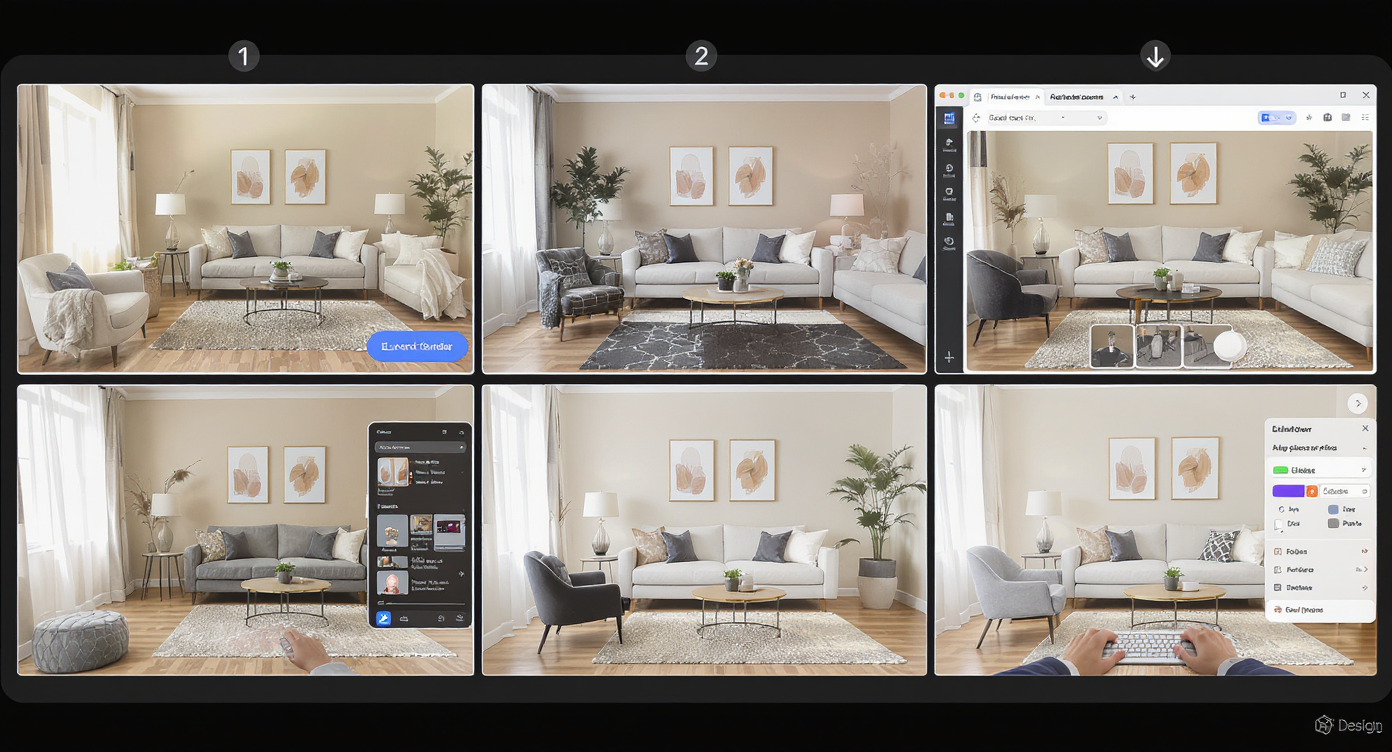 Collage showing steps of AI furniture swapping, from uploading photo to exporting realistic furniture layouts.