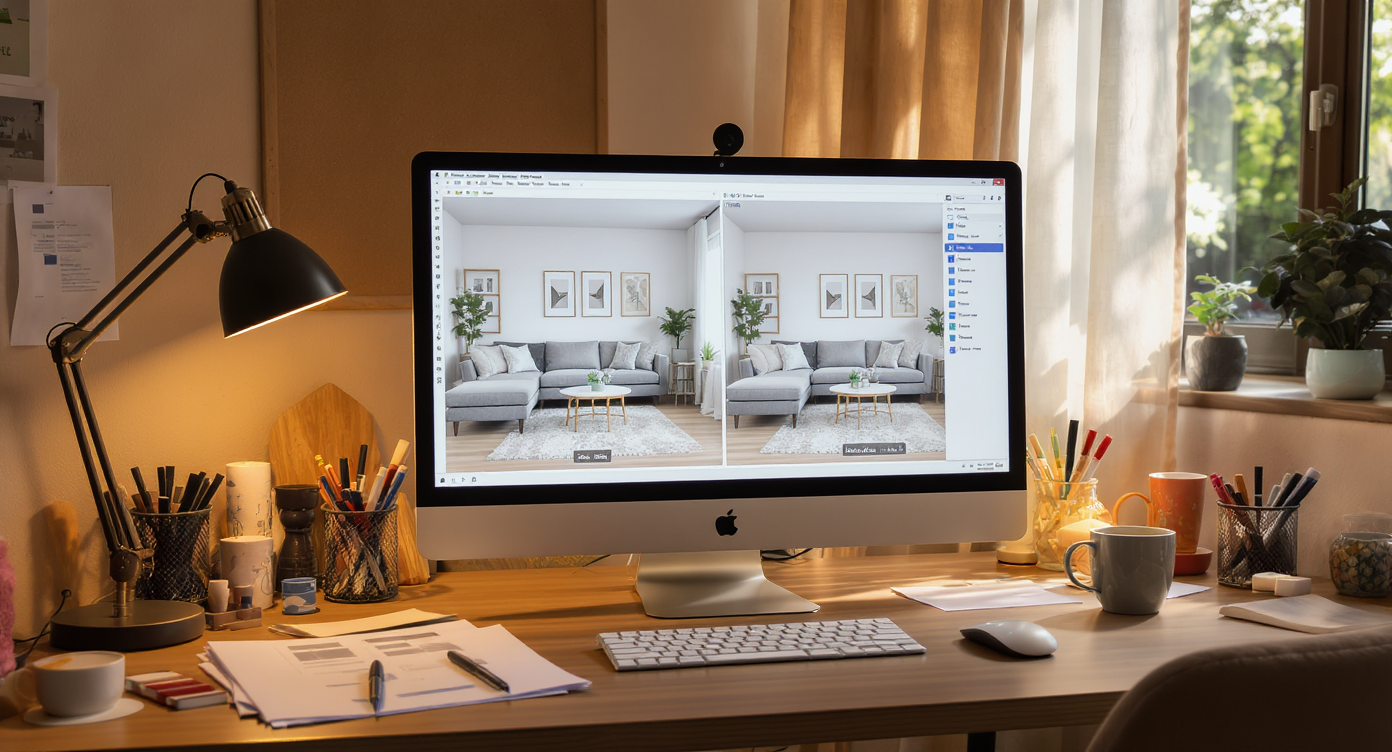 Interior design workspace with a computer displaying before and after images of living room furniture swaps.