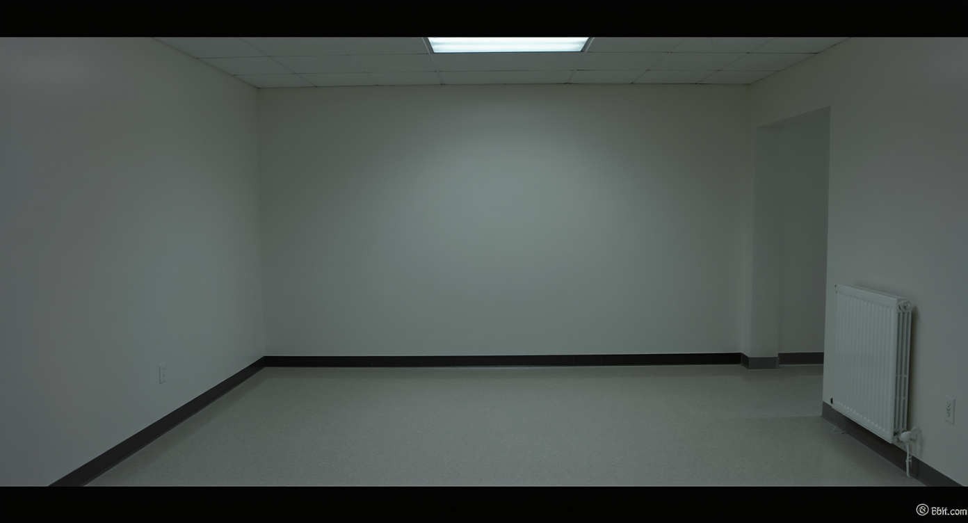 Sparse dining room with bare walls, empty floor, and unadorned table under harsh lighting feels cold and uninviting.