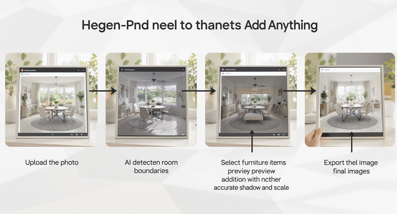 Sequence showing uploading a dining room photo, selecting furniture, previewing with realistic scale and shadows, and exporting image.