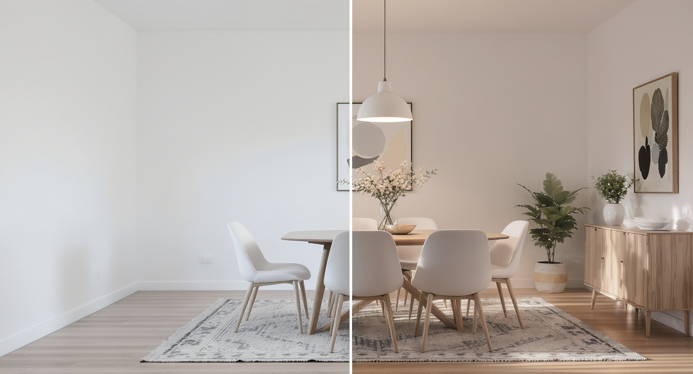 Split image of empty dining area transitioning to furnished minimal dining space with chairs, rug, pendant light, and art.
