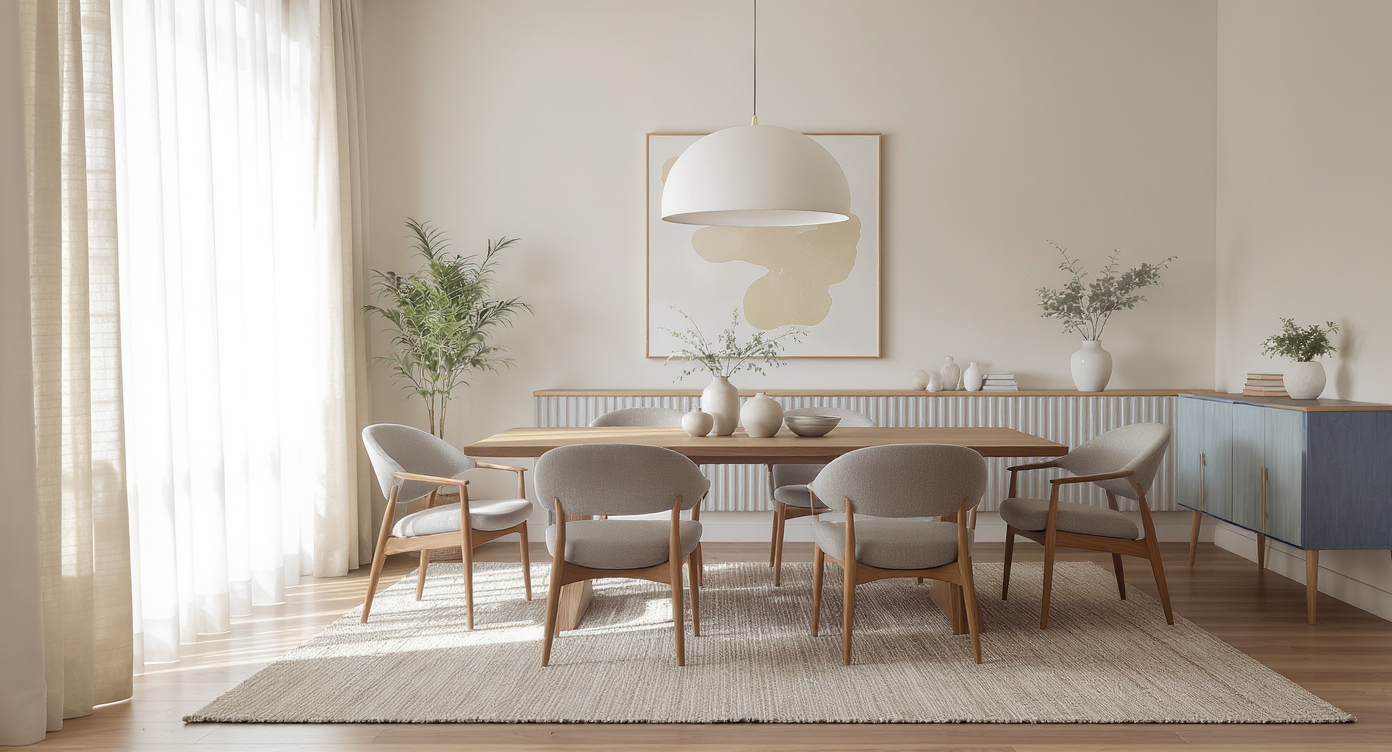 Warm minimal dining room with a textured rug, mid-century modern chairs, a statement pendant, and natural daylight enhancing realism.