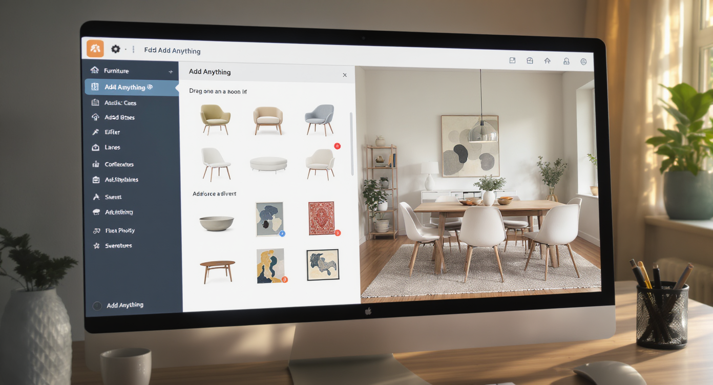 Modern home office with computer screen showing Add Anything tool adding furniture and decor to minimalist dining room photo.