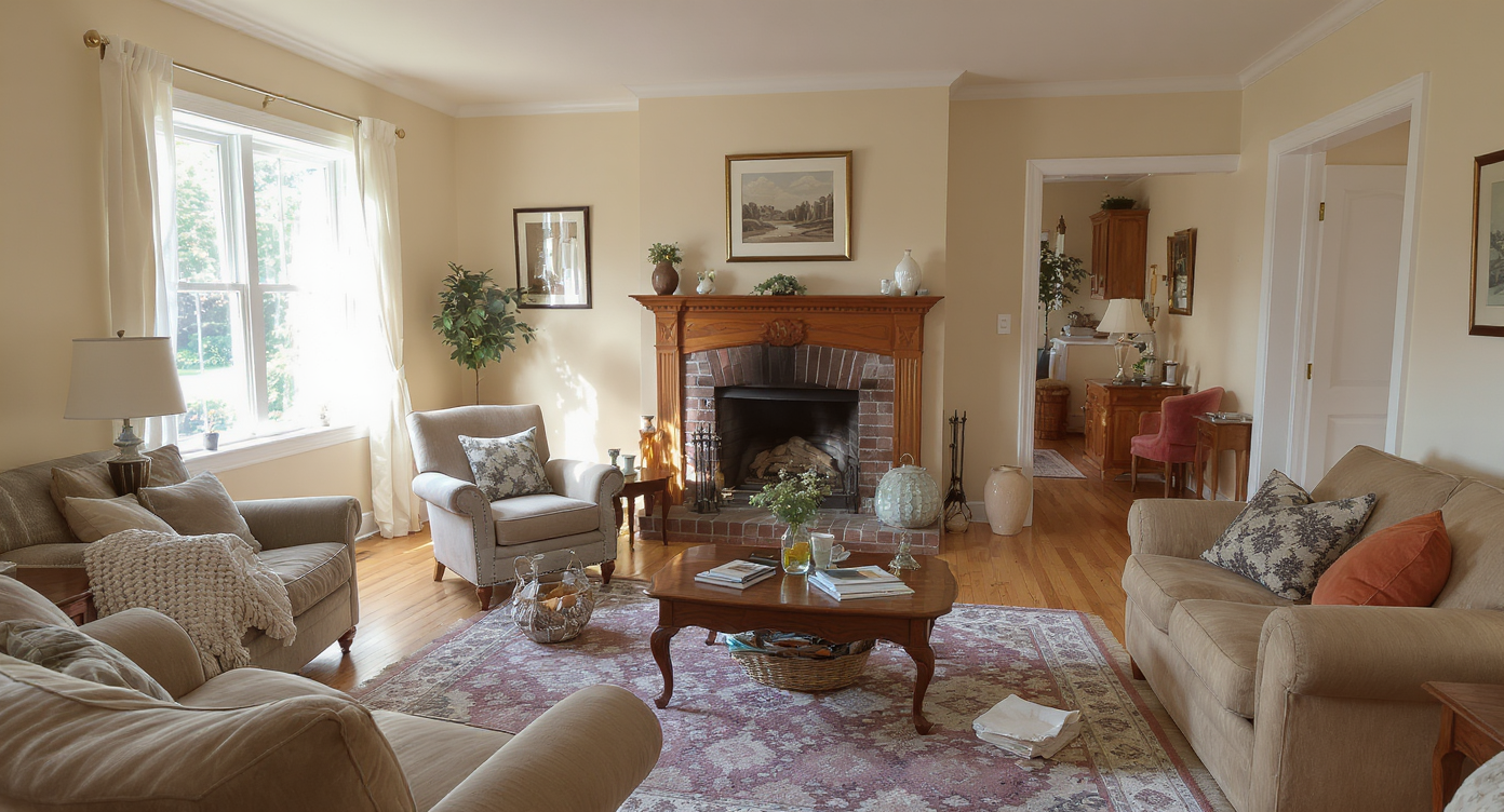 Awkward living room with off-center fireplace, uneven walkways, and large openings indoors.