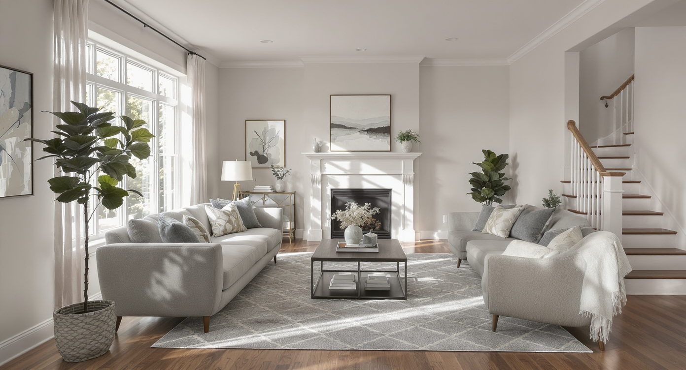 Realistic staged living room with well-scaled furniture, balanced walkways, and natural light.