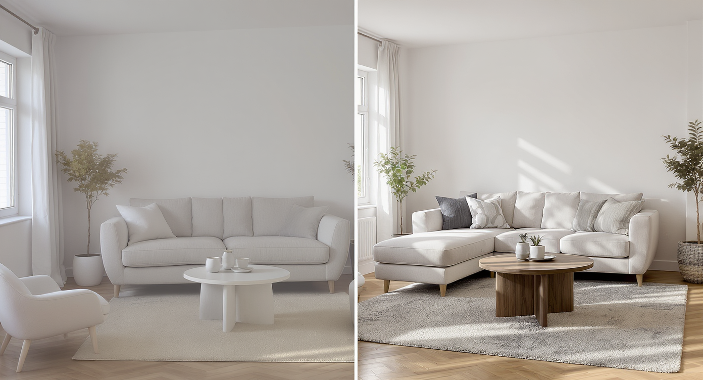 Side-by-side view of empty room and the same room virtually staged with realistic furniture.
