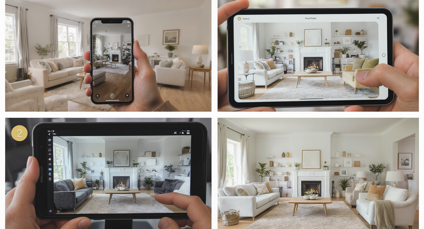 Photo collage showing virtual staging steps from room photo to final rendered living room design.