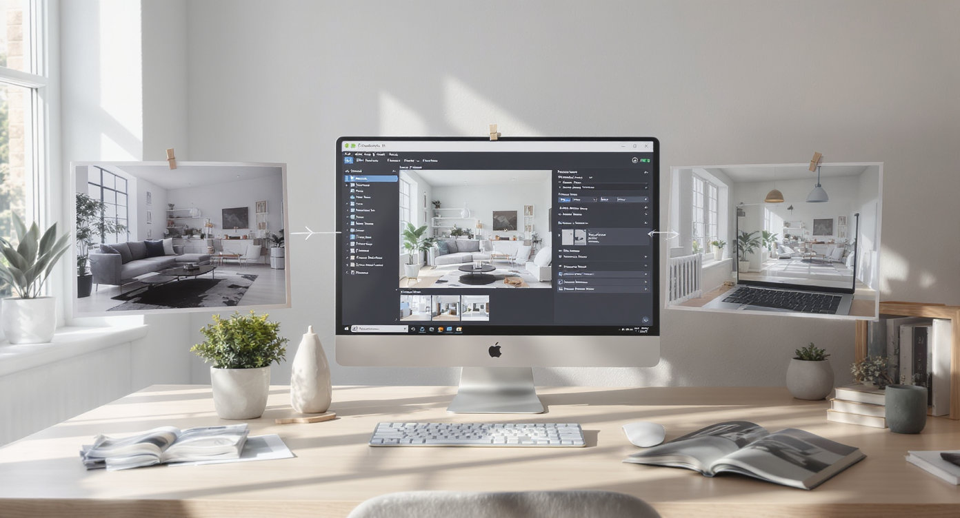 Study room displaying the AI renovation workflow from source photo to digital interface to final realistic render on laptop.
