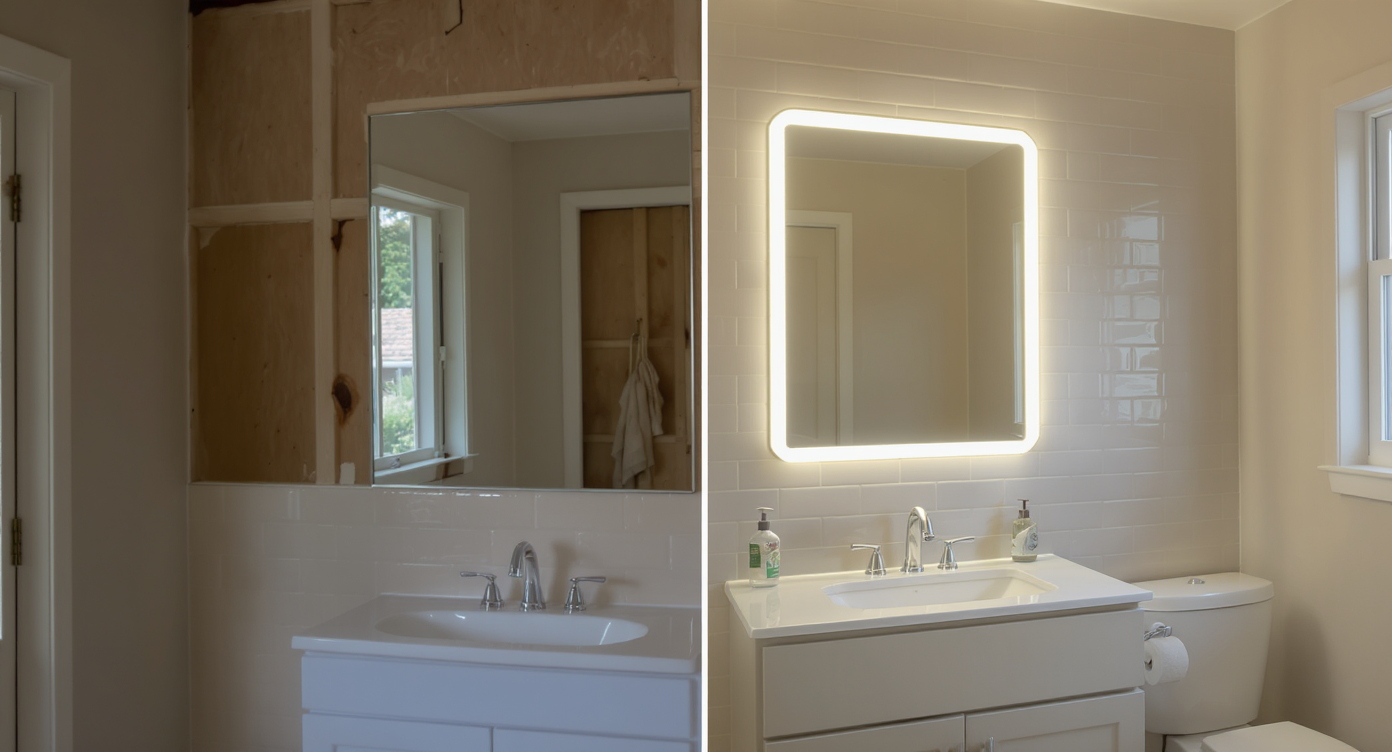 Split image of bathroom showing mismatched fixtures versus digitally corrected proportions and lighting for better design.