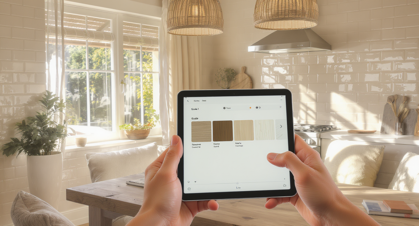 Kitchen nook with realistic tile texture and lighting, hand adjusting scale on tablet for authentic virtual renovation.
