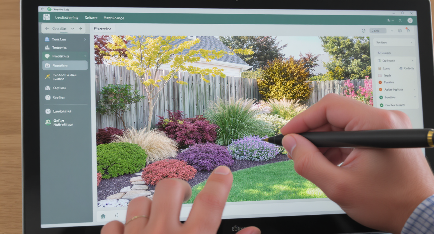 Close-up of a computer screen showing AI landscaping software digitally adding plants and trees to a side yard photo.