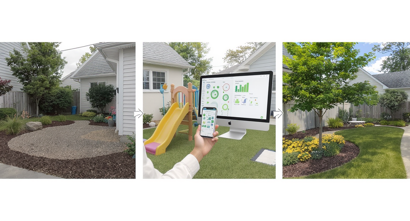 Four-step visual sequence of AI landscaping process from photo input to final yard design with path and plant beds.
