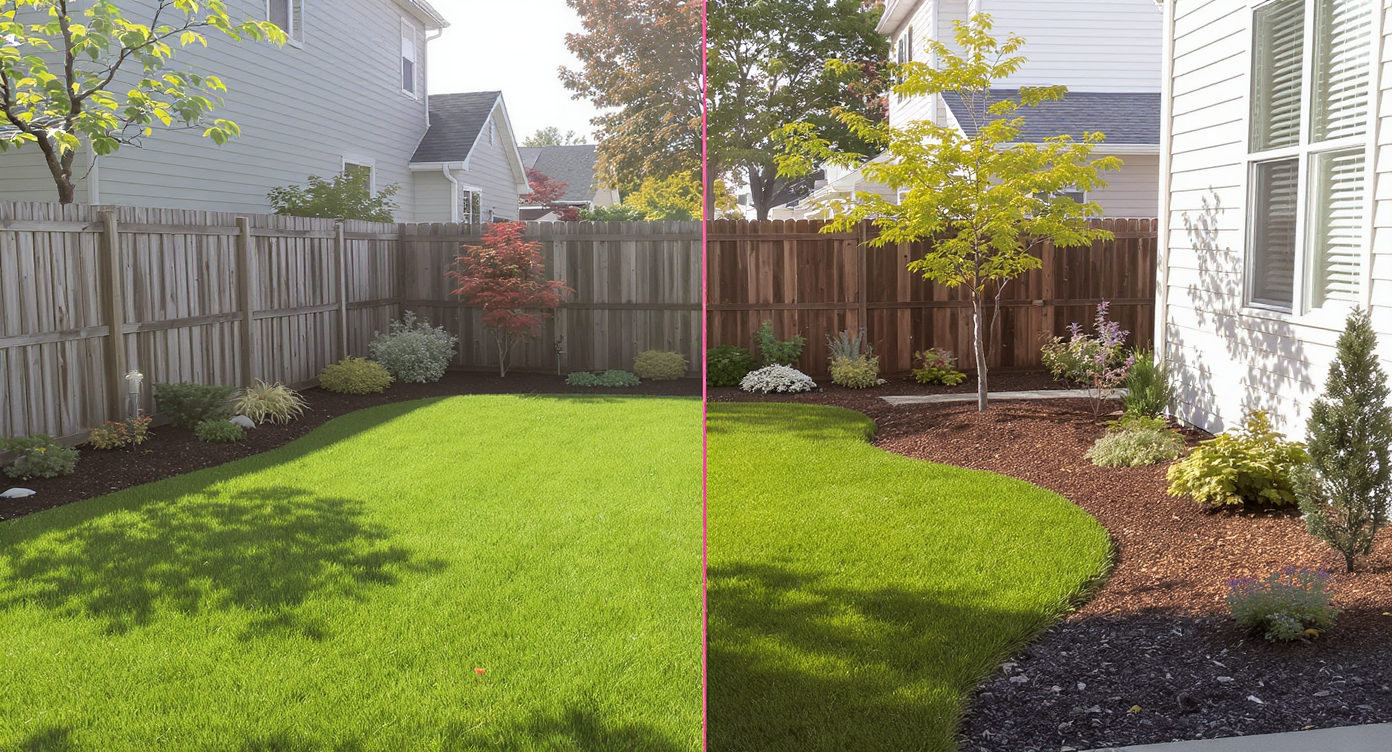 Side by side view of a large plain lawn and the same yard with AI-designed plant beds, tree, mulch, and play space kept open.