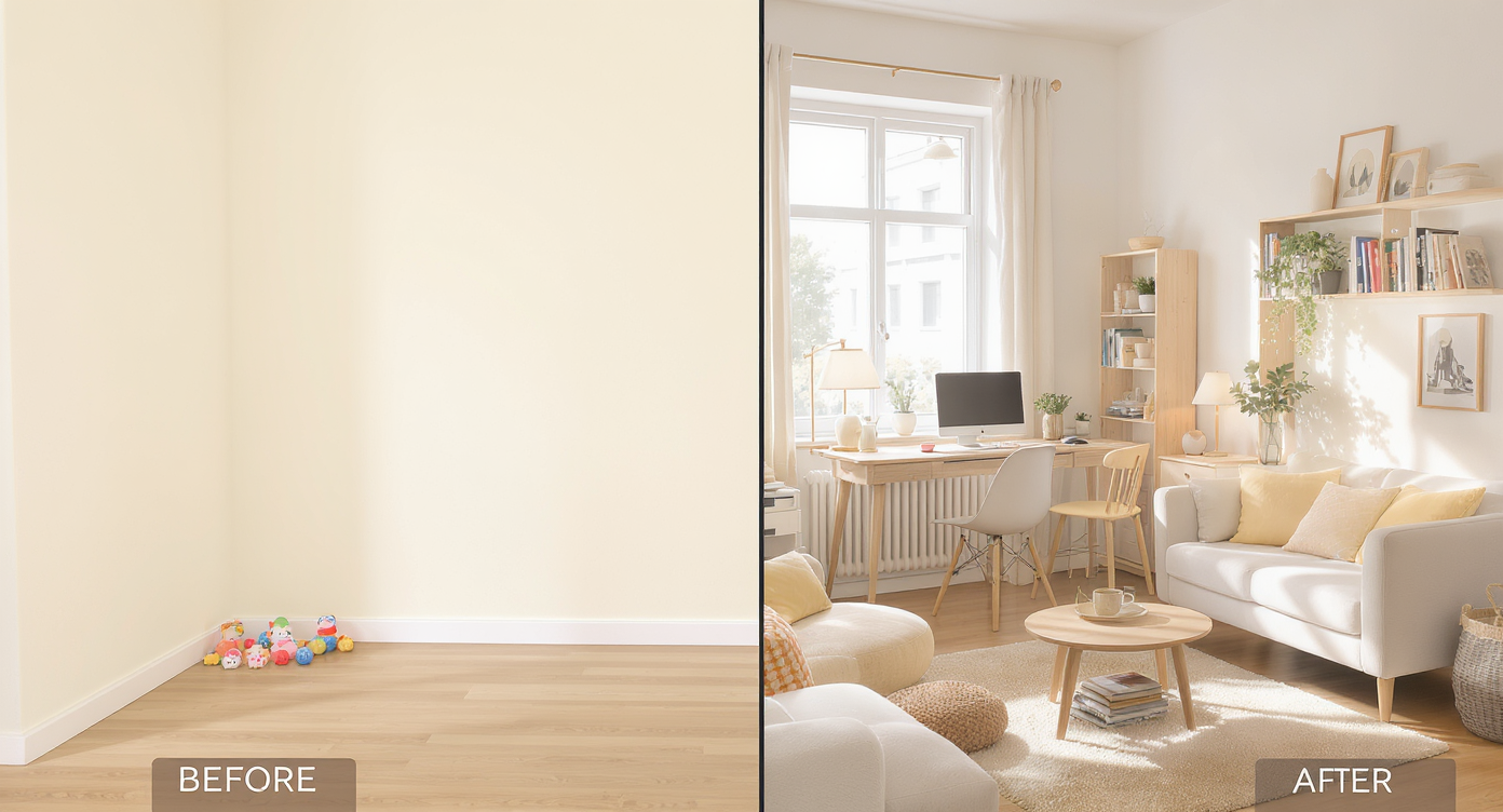 Split visual of living room corner before and after with different room functions like playroom, office, reading nook, dining area.