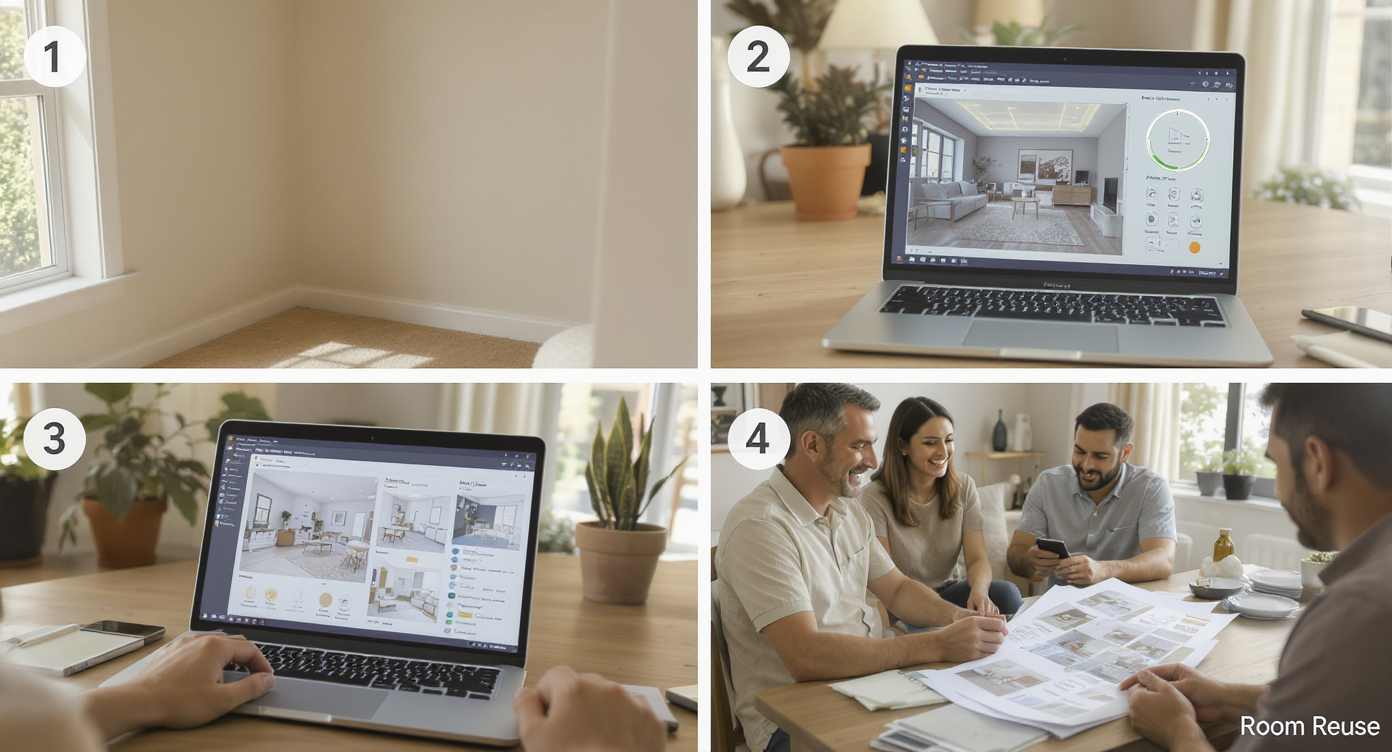 Storyboard showing photo capture, AI processing, multiple room design options, and design review by homeowner and contractor.