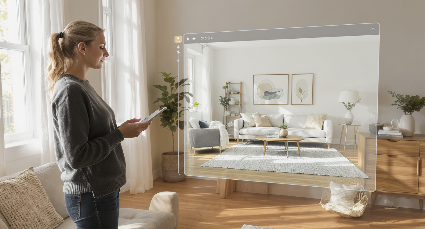 Homeowner with tablet next to digitally overlaid realistic room design showcasing scale, lighting, and style tips.