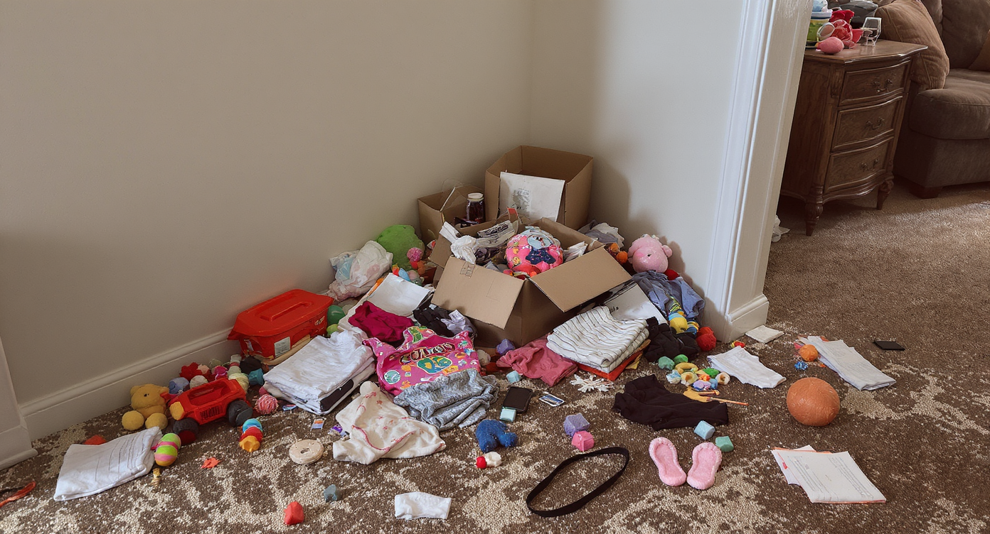 Cluttered, undefined corner with scattered household items making the adjoining room feel cramped and busier.