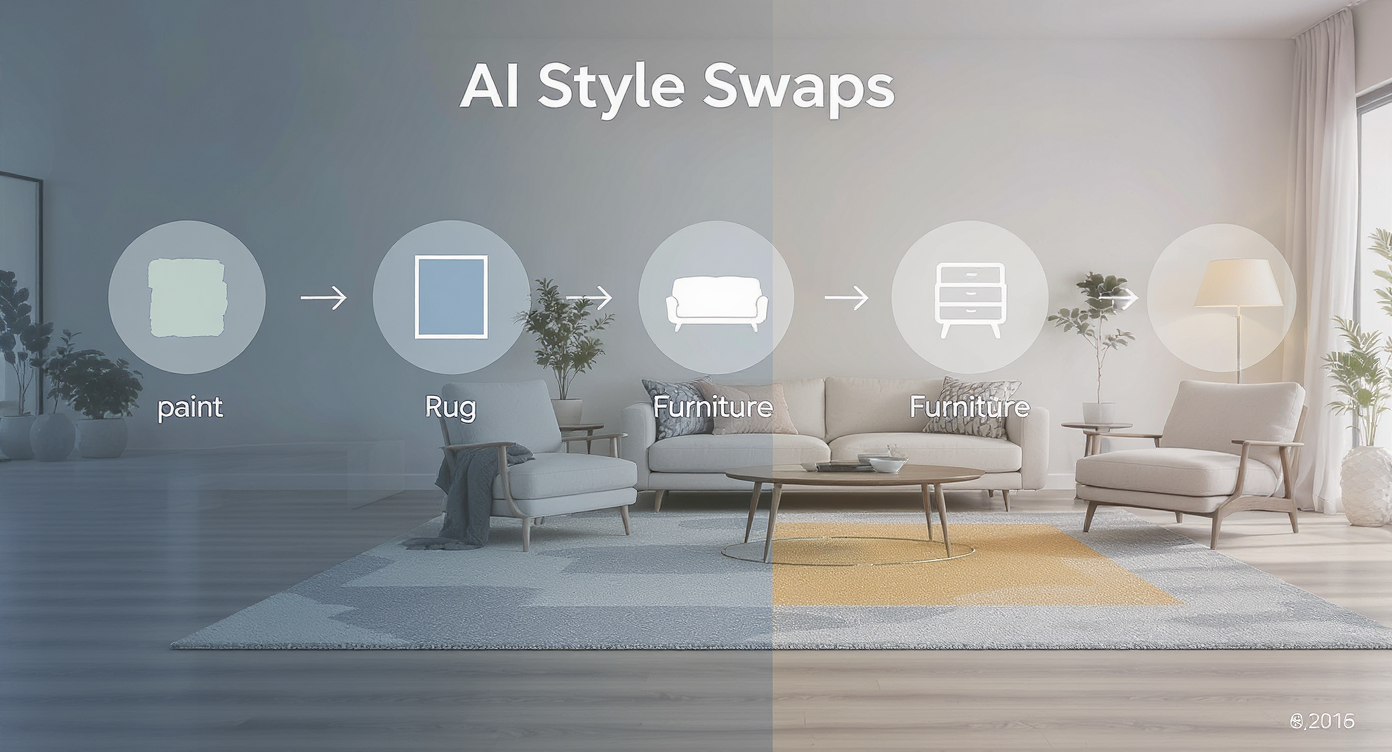 Illustration of a room photo transforming with different wall colors, rugs, and furniture styles.