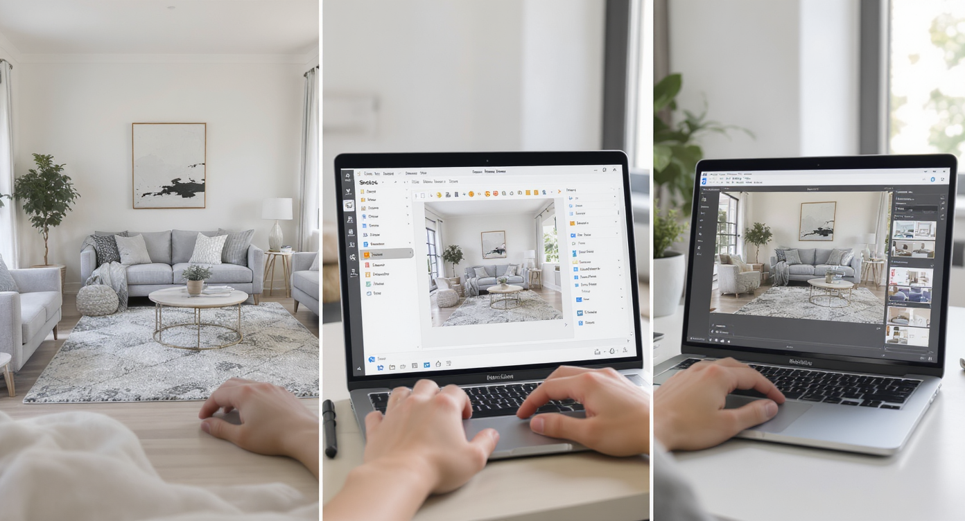 Designer using laptop to create style swap previews of a furnished living room photo step by step.