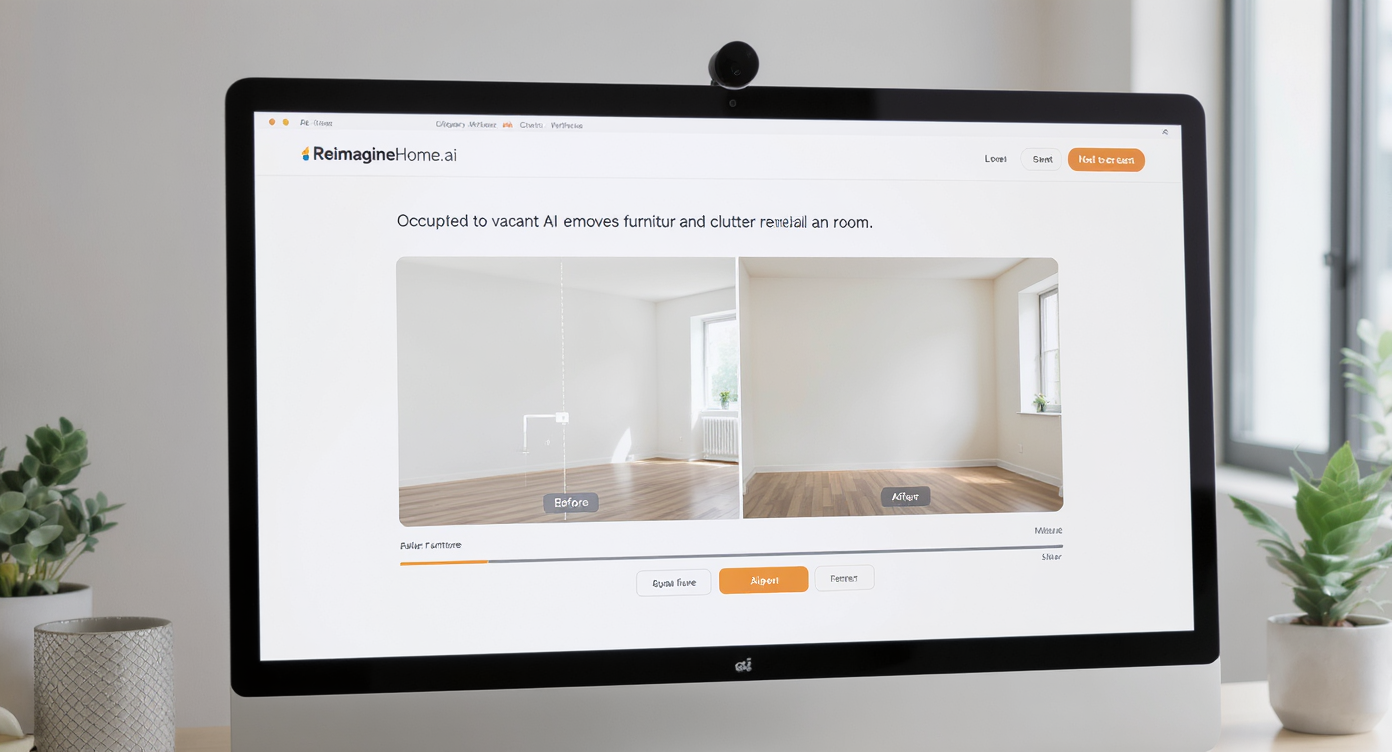 Computer screen displaying before-and-after AI editing removing furniture and clutter to reveal an empty room in software UI.