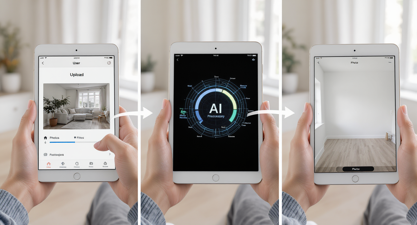Tablet device held by person showing photo upload, AI process, and empty room result in a clear, natural home environment.