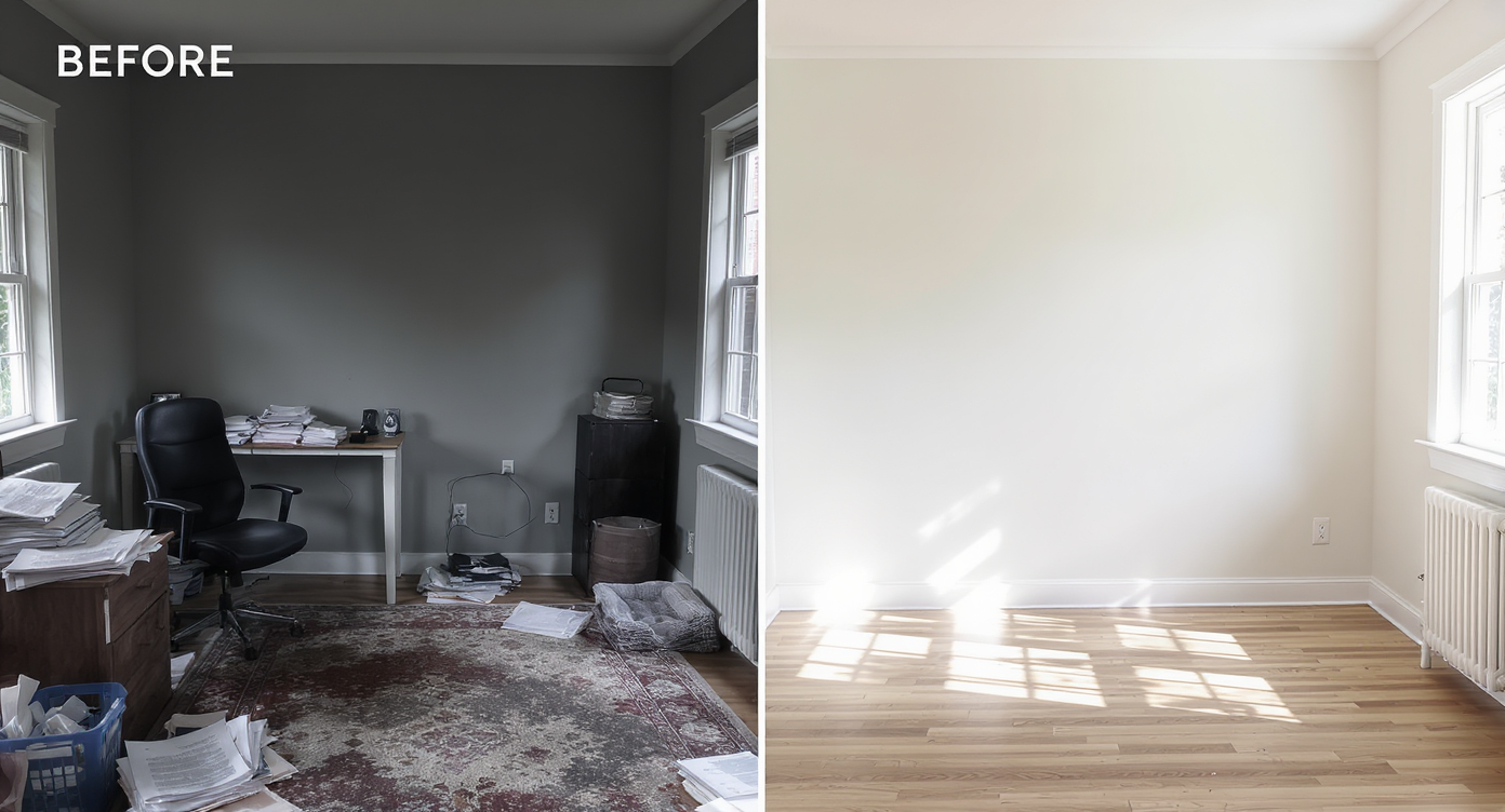 Side-by-side comparison of a cluttered office and the same room cleared to a realistic empty state with natural light.