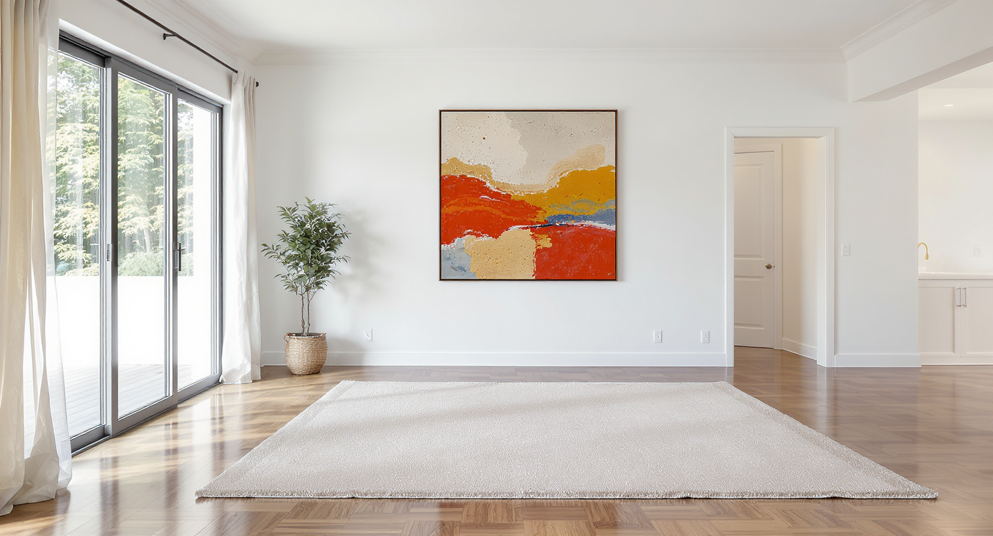 Bright empty living room with large wall art, centered rug, wood floors, and expansive natural light highlighting design tips.