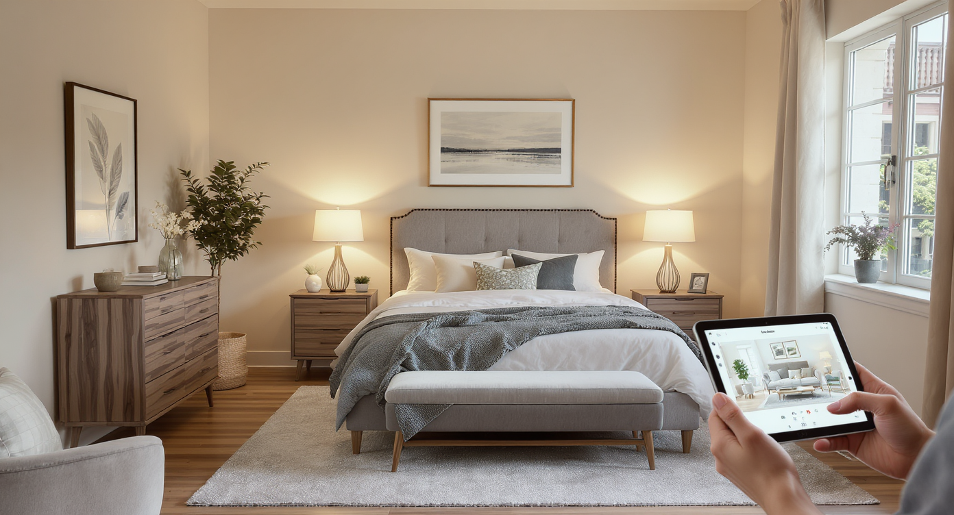 Well-staged bedroom with accurate furniture scale, warm lighting, neutral walls, and a designer adjusting virtual staging on a tablet.