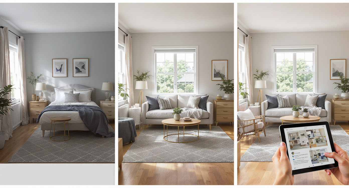 Collage illustrating virtual staging steps from empty bedroom photo to fully staged room with furniture and lighting adjustments.