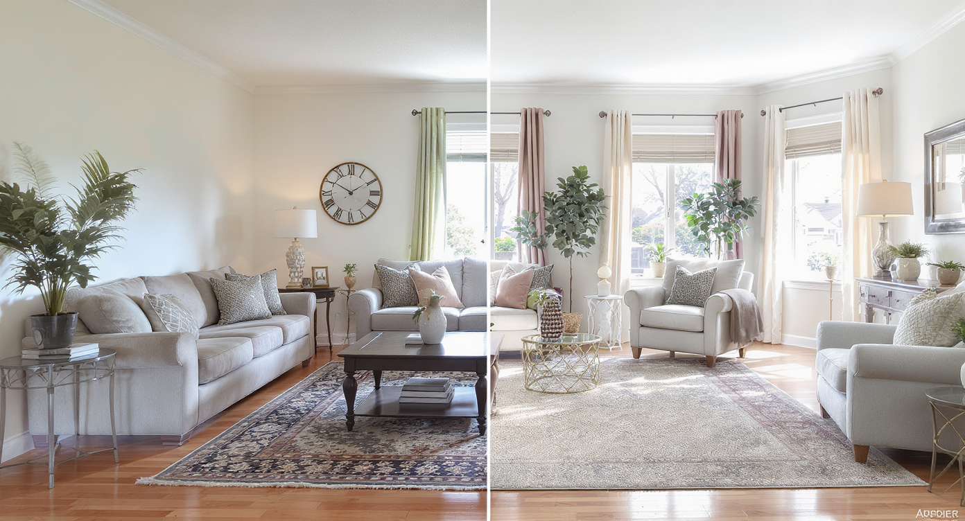 Staged living room photo with digitally overlaid furniture, lighting, and curtains accurately matched in scale and perspective to the space.