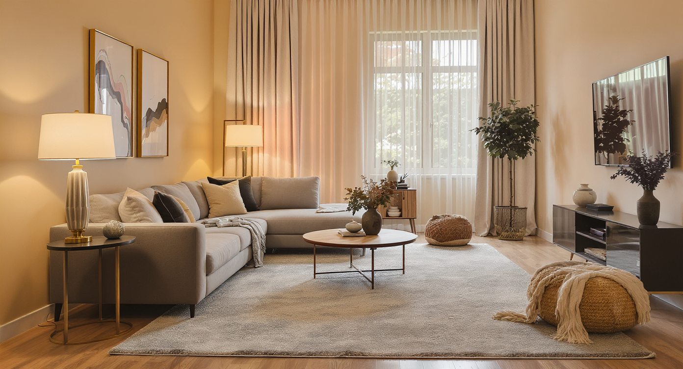 Tall living room staged with a large rug, scaled sofa, warm lighting, floor-to-ceiling drapes, and layered textures creating a realistic cozy atmosphere.