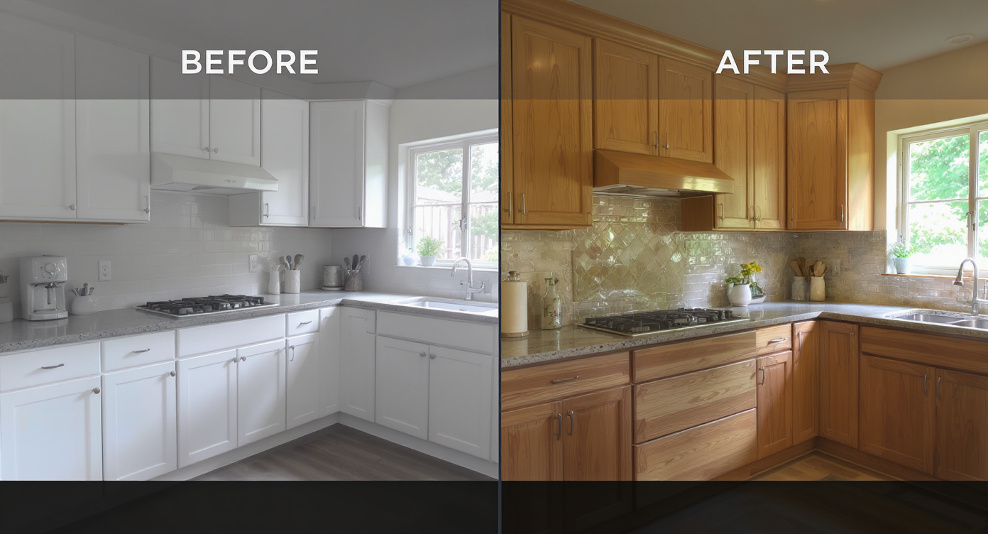 Side-by-side comparison of one kitchen with cold white finishes and the same kitchen warm with wood accents and textured backsplash.