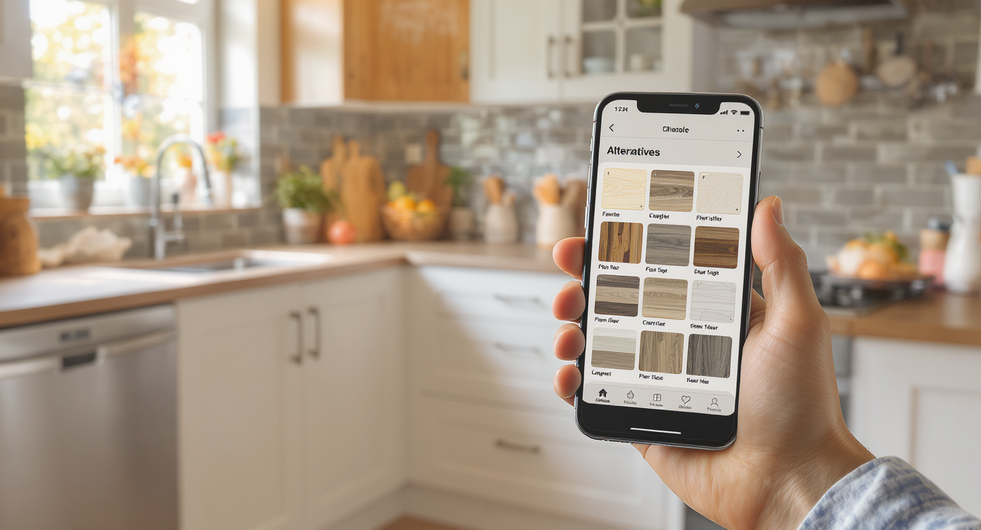 Kitchen corner combining white cabinets, wood accents, and a hand holding a phone showing alternative kitchen design options digitally.