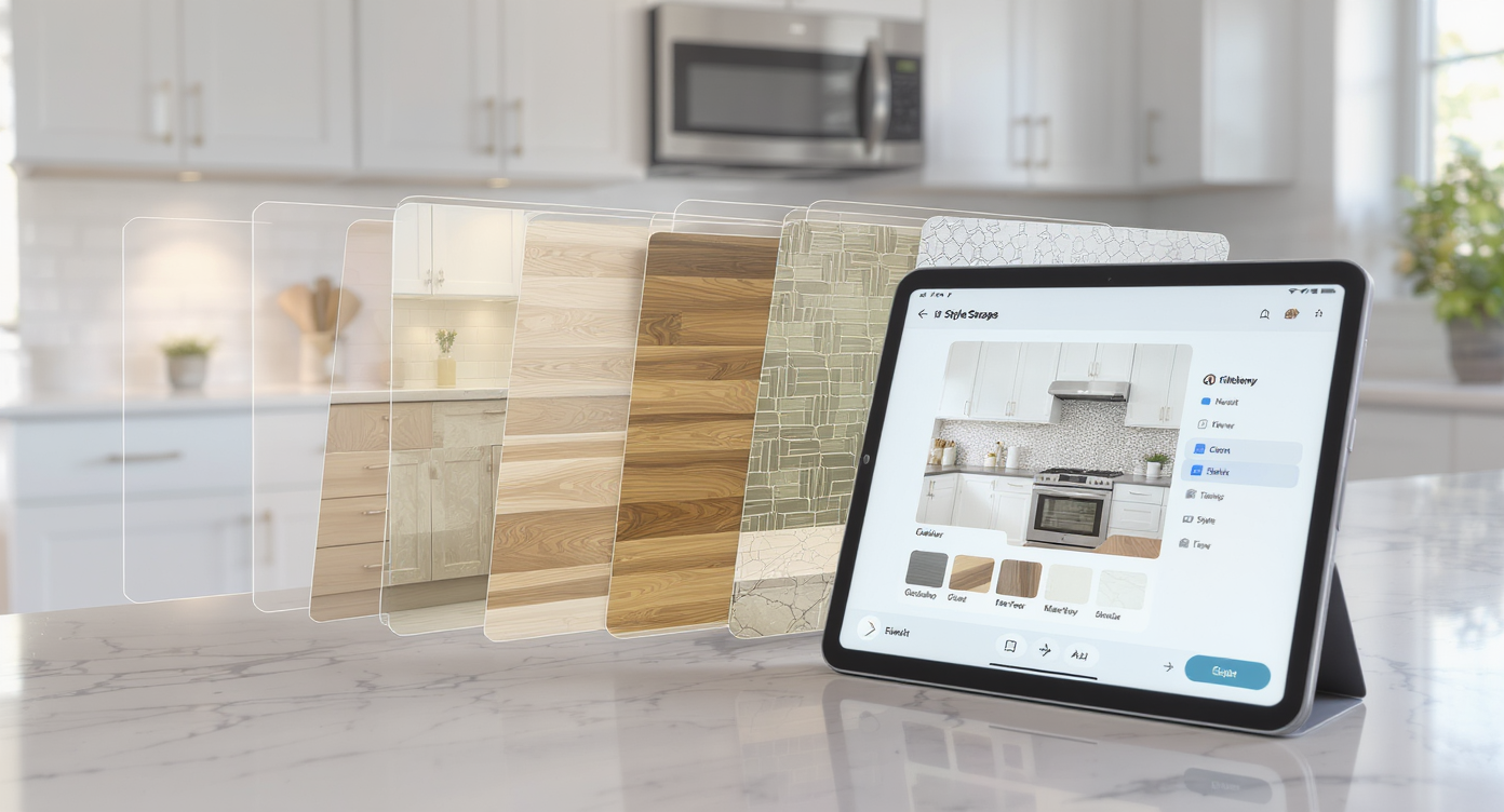 Well-lit kitchen with digital overlays showing cabinet, backsplash, and countertop style swaps on a tablet interface.