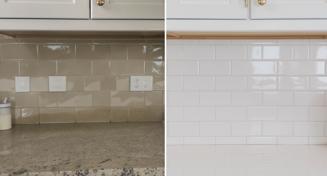 Split-view kitchen showing poor grout and tile mismatch versus perfect tile and grout alignment.