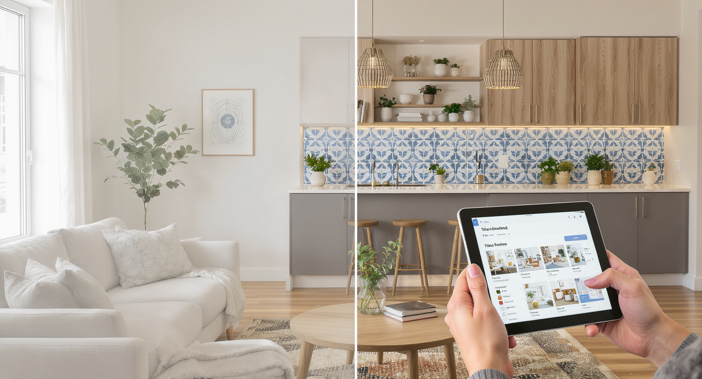 Contemporary living room with tiled backsplash and user interacting with tablet showing AI tile swaps.