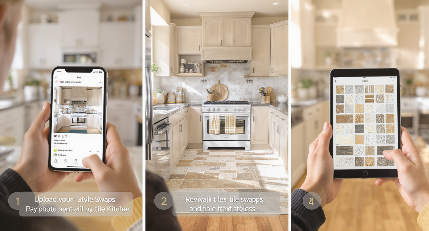 Collage of real kitchen photo upload, AI generating tile options, and user comparing style swaps.