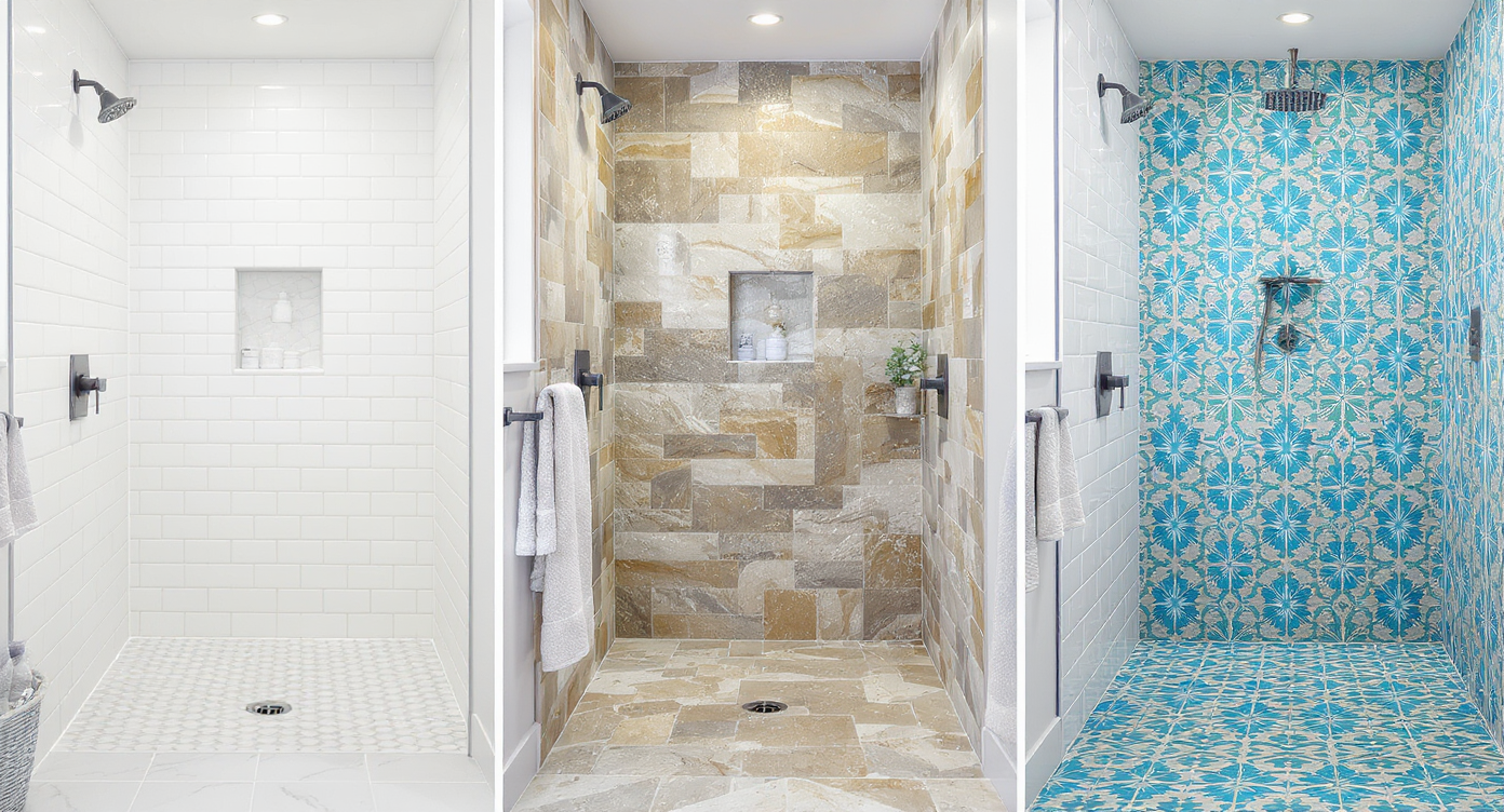 Triptych of bathroom showing three tile styles: white subway, natural stone, and bold patterned encaustic tiles.