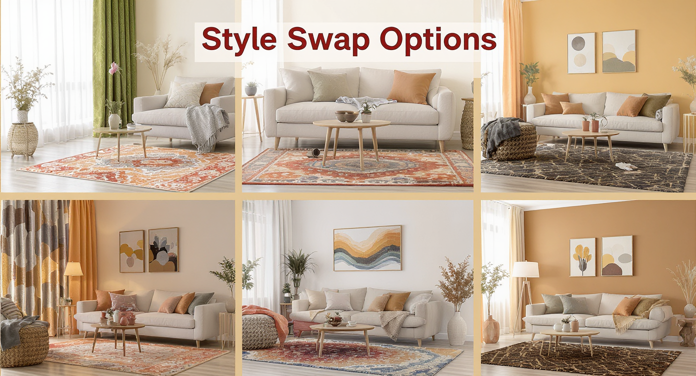 Living room photo showing multiple style swap variations with rugs, curtains, wall art, and accent walls digitally applied.