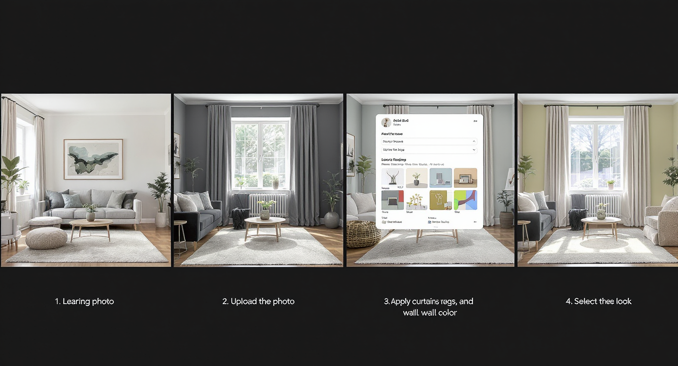 Sequential images showing the process of uploading a room photo and previewing several style swap design options digitally.