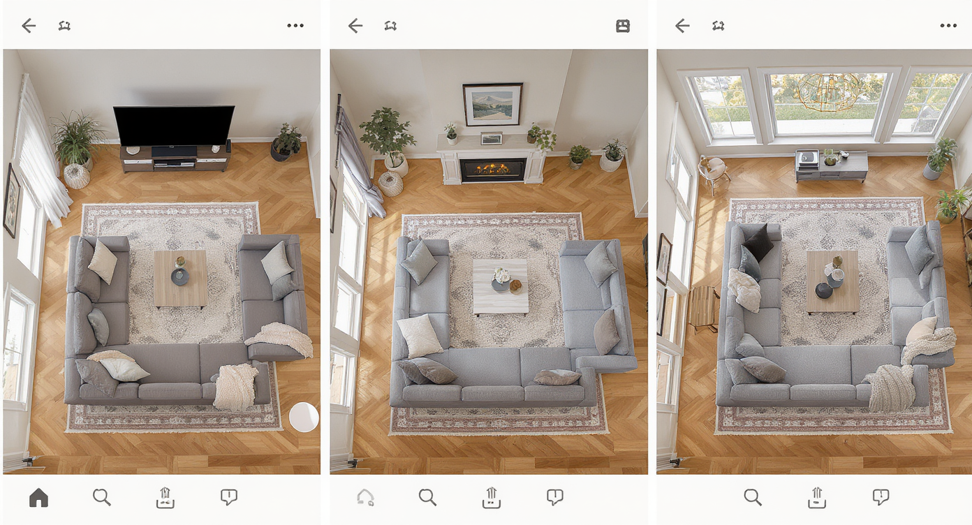 Three distinct AI-generated furnished room layouts showing sofa facing TV, fireplace, and large window with matched lighting and decor.