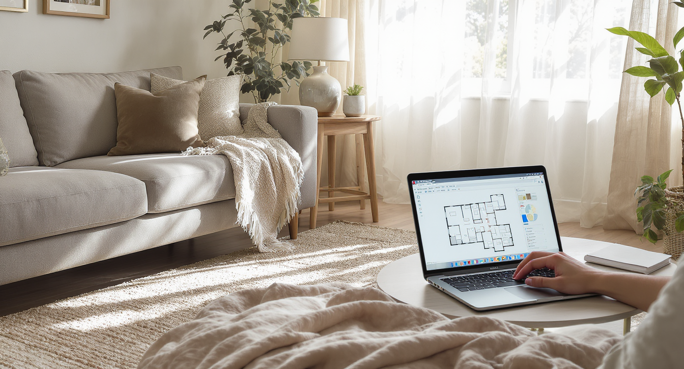 Well-lit living room corner with scaled furniture, natural materials, and designer adjusting room layouts on laptop.