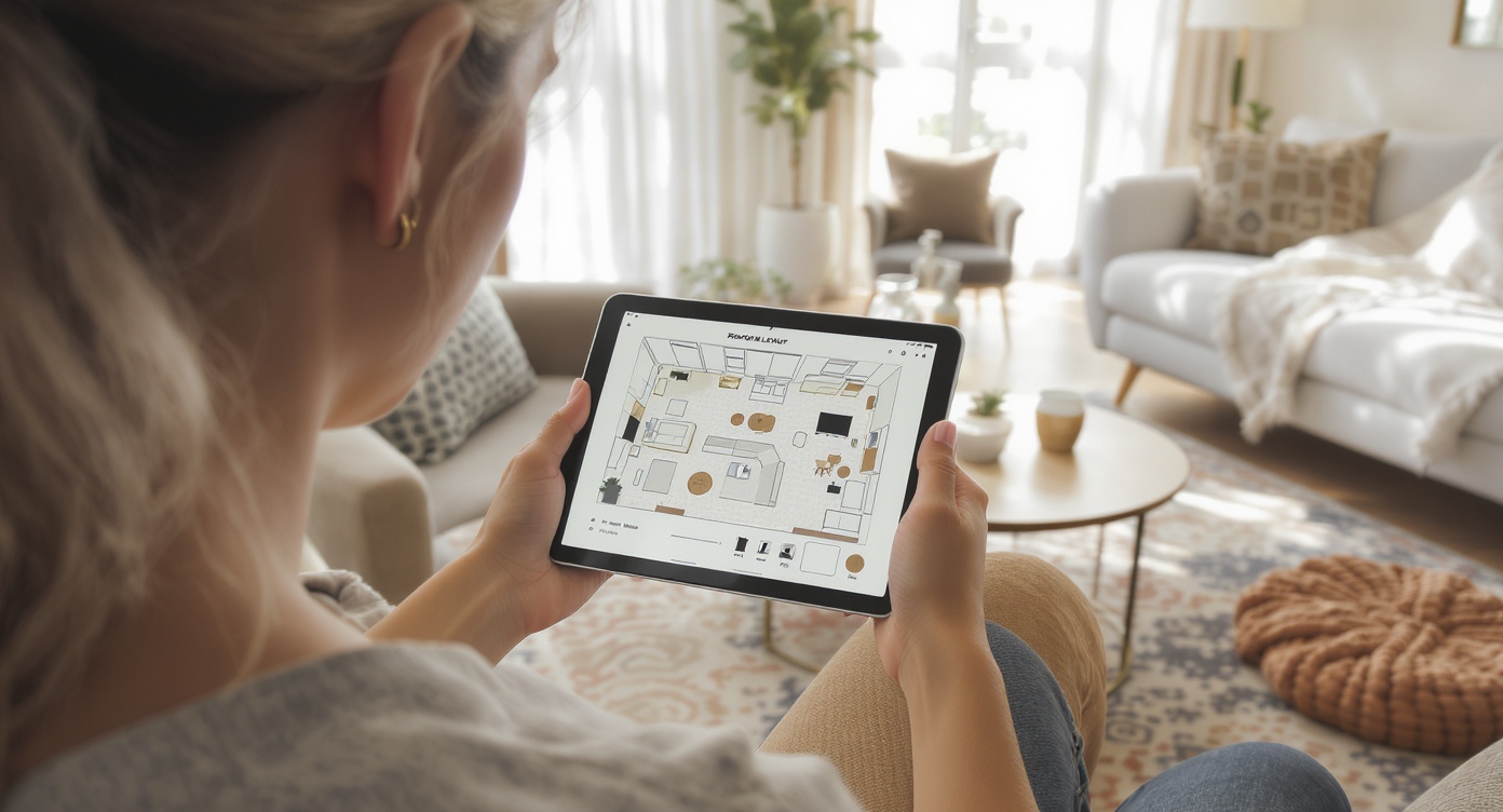 Interior designer exploring digital room layouts on tablet in a bright, stylish living room with sofas and large windows.