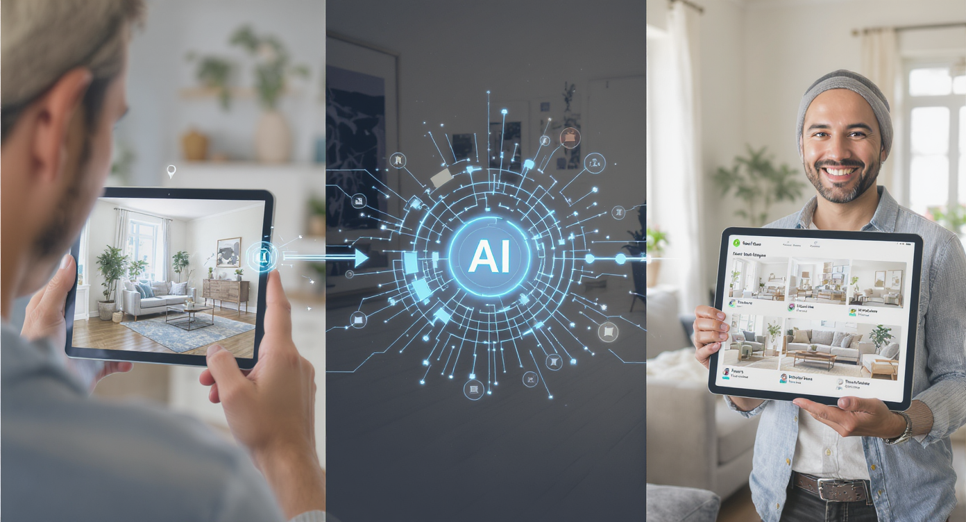 Collage showing photo upload, AI processing, and multiple furniture layout options displayed on tablet in modern living room.