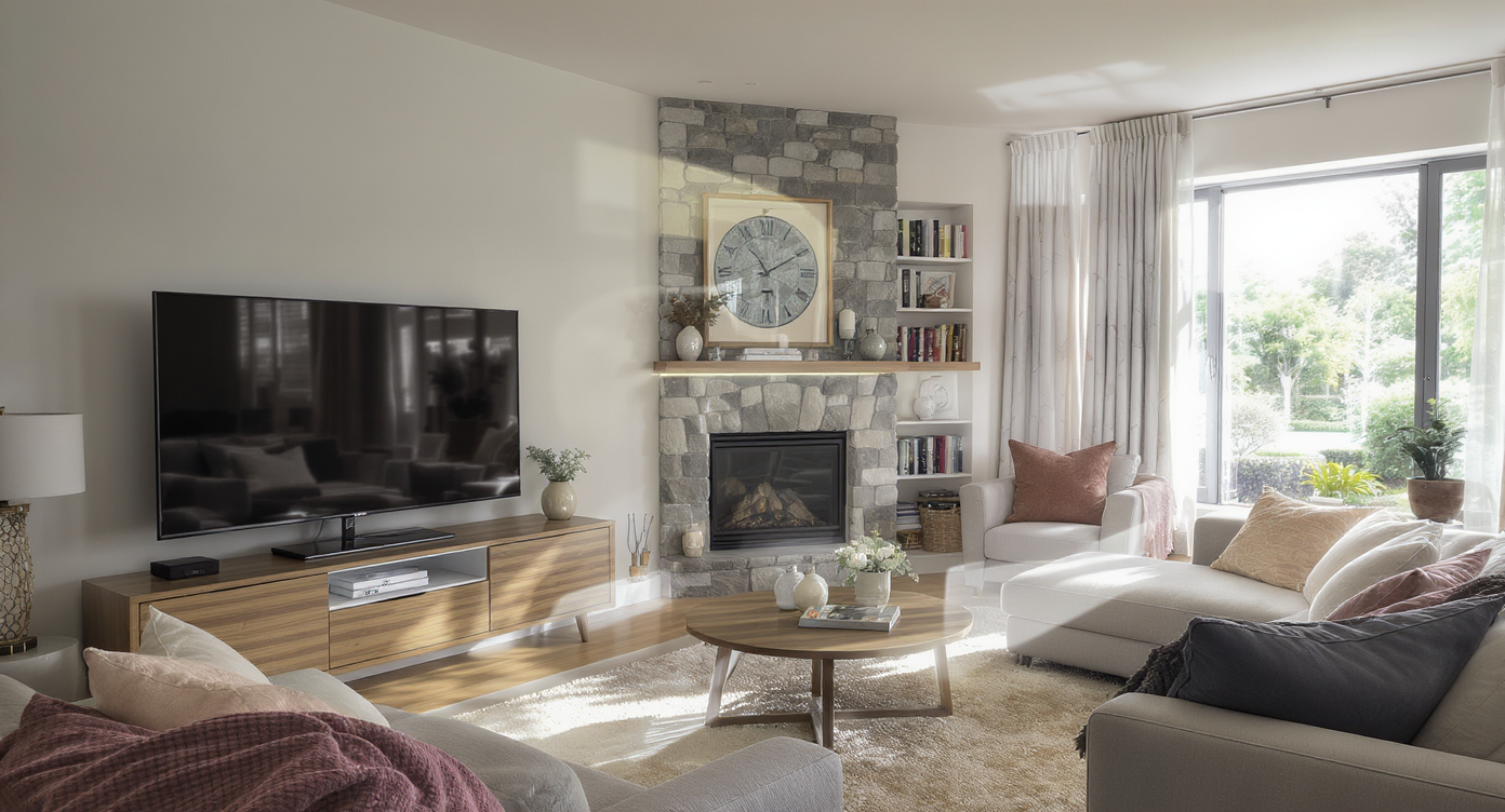 Living room highlighting competing focal points: TV, fireplace, and large windows with layered rugs and neutral furniture.