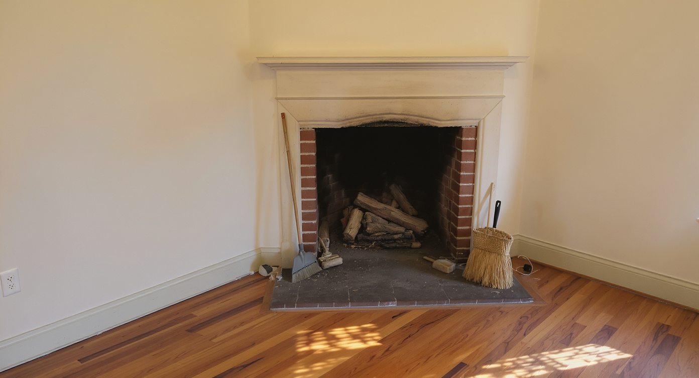 Empty wood-stove hearth platform cluttered with cleaning tools, highlighting an awkward, unused corner in a room.