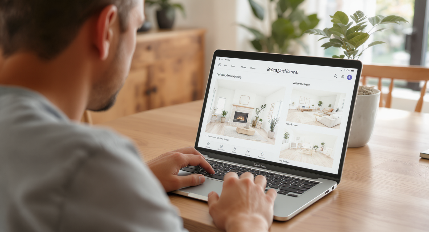 Homeowner using laptop to upload a photo of their hearth to an AI interior design tool in a bright modern dining room.