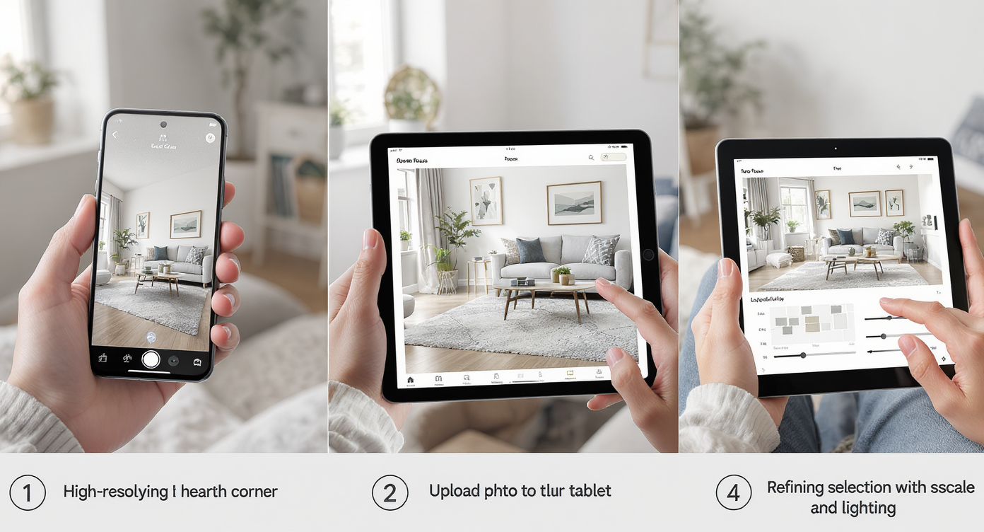 Sequence showing photo upload, AI design previews, and refinement on devices for hearth room reuse.