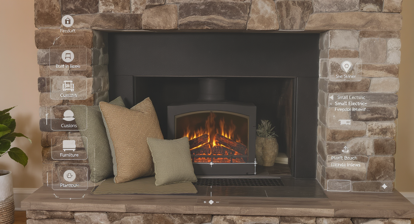 Digital interface showing AI-generated options transforming a wood-stove hearth into functional zones like seating and display.