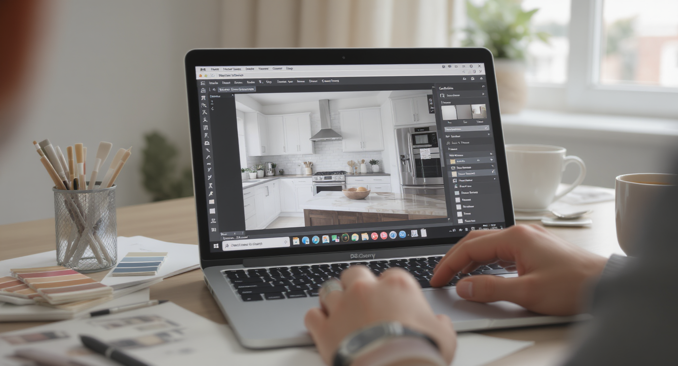 Laptop screen showing AI virtual staging software restyling kitchen cabinets and walls surrounded by design sketches and paint swatches.